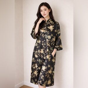 VTG NATORI Black Teal Gold Floral Satin Front Zip Pajamas Robe Dress M